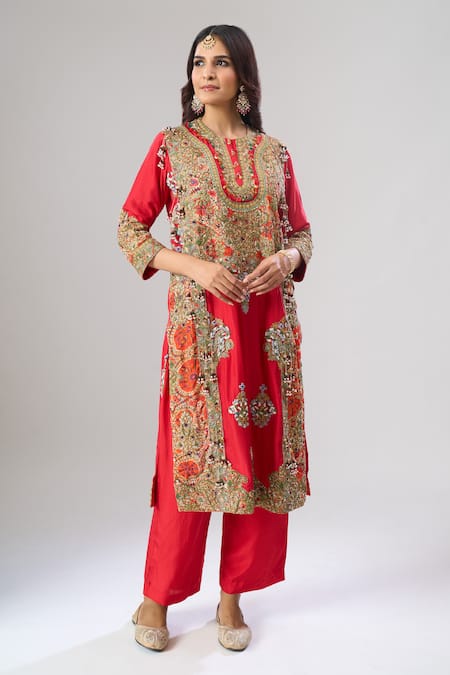 Buy_Debyani + CO_Red Georgette Embroidery, Sequins, Stones Round Neck Kurta And Pant Set _Online_at_Aza_Fashions