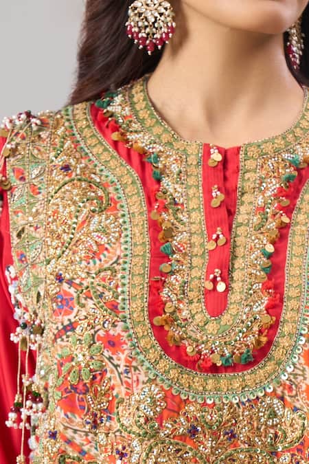 Shop_Debyani + CO_Red Georgette Embroidery, Sequins, Stones Round Neck Kurta And Pant Set _Online_at_Aza_Fashions