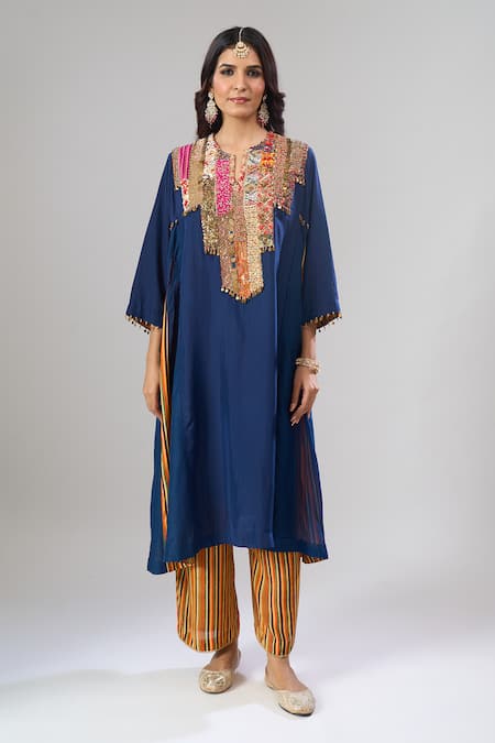 Debyani + CO_Blue Georgette Embroidery, Sequins, Tassels Round Placement Kurta And Pant Set _Online_at_Aza_Fashions