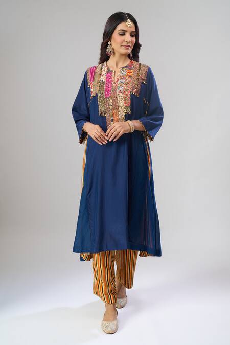 Buy_Debyani + CO_Blue Georgette Embroidery, Sequins, Tassels Round Placement Kurta And Pant Set _Online_at_Aza_Fashions