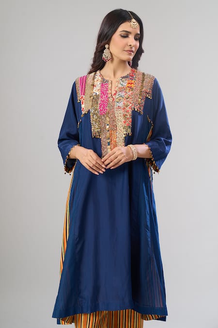 Shop_Debyani + CO_Blue Georgette Embroidery, Sequins, Tassels Round Placement Kurta And Pant Set _Online_at_Aza_Fashions