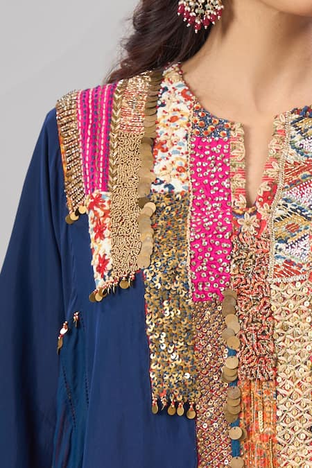 Debyani + CO_Blue Georgette Embroidery, Sequins, Tassels Round Placement Kurta And Pant Set _at_Aza_Fashions