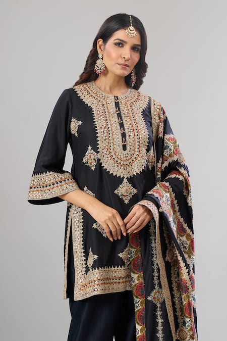 Shop_Debyani + CO_Black Embroidery, Zari, Metallic Thread Round Neck Meenakumari Kurta Set _Online_at_Aza_Fashions