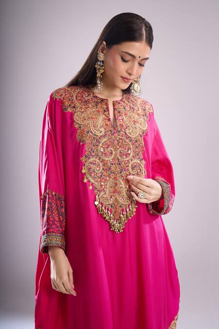 Debyani + CO_Pink Embroidery, Sequins, Beads, Metallic Thread Pitta Work Kaftan And Pant Set _Online_at_Aza_Fashions
