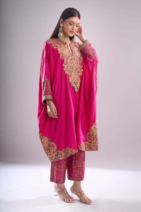 Buy_Debyani + CO_Pink Embroidery, Sequins, Beads, Metallic Thread Pitta Work Kaftan And Pant Set _Online_at_Aza_Fashions