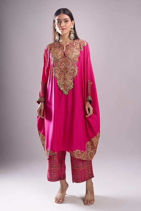 Debyani + CO_Pink Embroidery, Sequins, Beads, Metallic Thread Pitta Work Kaftan And Pant Set _at_Aza_Fashions