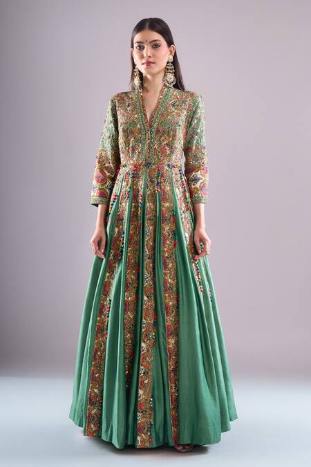 Debyani + CO_Green Embroidery, Sequins, Gota Patti, Tassels Sapna Anarkali With Dupatta _Online_at_Aza_Fashions