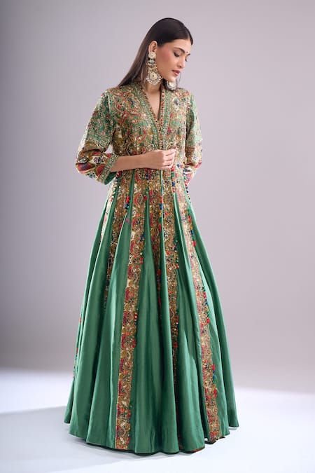 Buy_Debyani + CO_Green Embroidery, Sequins, Gota Patti, Tassels Sapna Anarkali With Dupatta _Online_at_Aza_Fashions