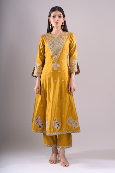 Surbhi Shah_Yellow Embroidery, Zari, Sequins, Beads Round Neck Mehek Kurta Set _Online_at_Aza_Fashions