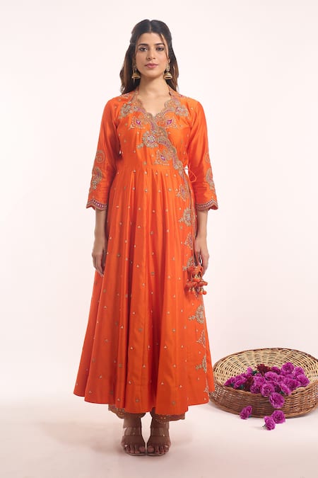 Surbhi Shah_Orange Embroidery, Tassels, Gota Patti, Sequins V-neck Angarkha Set _Online_at_Aza_Fashions