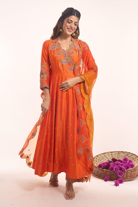 Buy_Surbhi Shah_Orange Embroidery, Tassels, Gota Patti, Sequins V-neck Angarkha Set _Online_at_Aza_Fashions