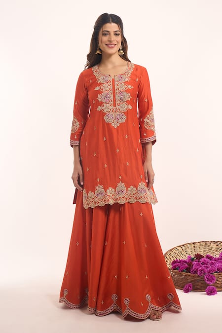Surbhi Shah_Orange Embroidery, Zari, Tassels Round Neck Kurta Sharara Set _Online_at_Aza_Fashions