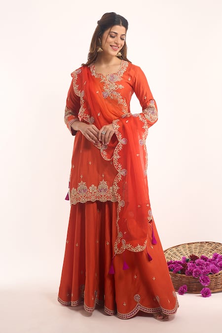 Buy_Surbhi Shah_Orange Embroidery, Zari, Tassels Round Neck Kurta Sharara Set _Online_at_Aza_Fashions