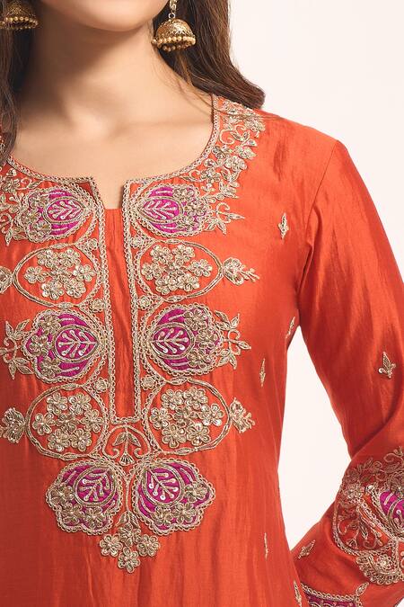 Shop_Surbhi Shah_Orange Embroidery, Zari, Tassels Round Neck Kurta Sharara Set _Online_at_Aza_Fashions