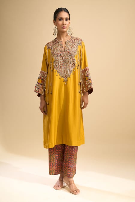 Debyani + CO_Yellow Embroidery, Beads, Tassels Split V-neck Meena Kurta With Pant _Online_at_Aza_Fashions