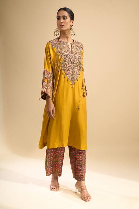 Buy_Debyani + CO_Yellow Embroidery, Beads, Tassels Split V-neck Meena Kurta With Pant _Online_at_Aza_Fashions