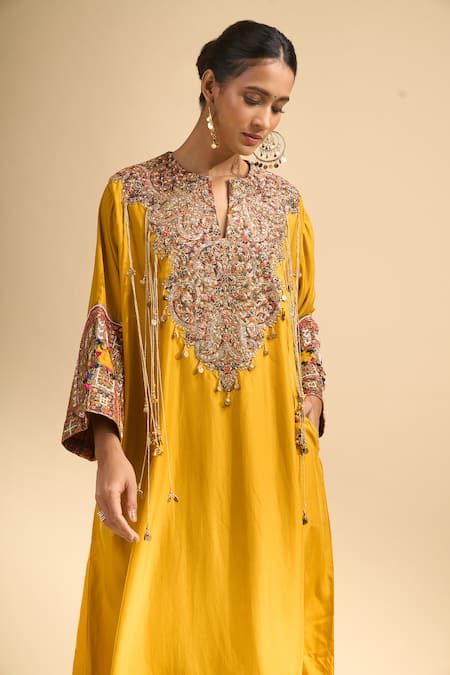 Shop_Debyani + CO_Yellow Embroidery, Beads, Tassels Split V-neck Meena Kurta With Pant _Online_at_Aza_Fashions