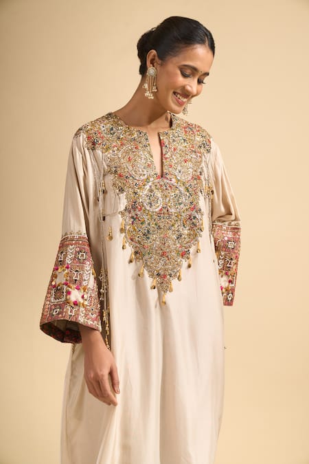 Debyani + CO_Beige Embroidery, Beads, Stones Split V-neck Meena Kurta With Pant _Online_at_Aza_Fashions