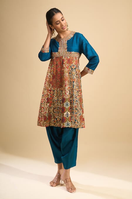 Buy_Debyani + CO_Blue Silk Sequins, Embroidery Round Neck Anarkali With Dhoti Pant _Online_at_Aza_Fashions