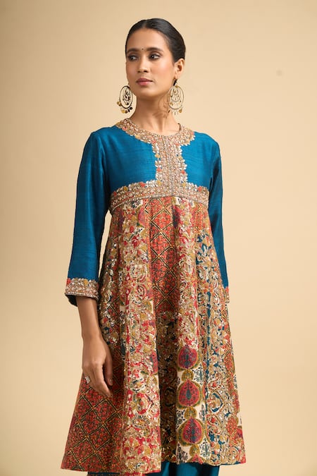 Shop_Debyani + CO_Blue Silk Sequins, Embroidery Round Neck Anarkali With Dhoti Pant _Online_at_Aza_Fashions