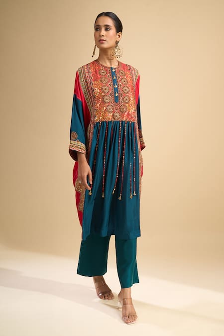 Debyani + CO_Blue Silk Sequins, Embroidery, Tassels Round Neck Kurta With Pant _Online_at_Aza_Fashions