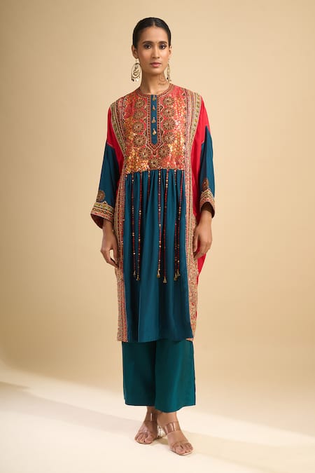Buy_Debyani + CO_Blue Silk Sequins, Embroidery, Tassels Round Neck Kurta With Pant _Online_at_Aza_Fashions