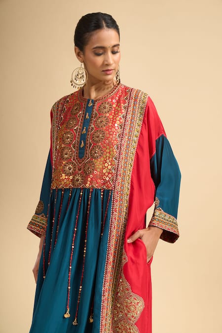 Shop_Debyani + CO_Blue Silk Sequins, Embroidery, Tassels Round Neck Kurta With Pant _Online_at_Aza_Fashions