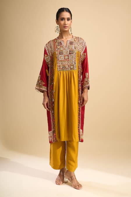 Debyani + CO_Yellow Silk Embroidery, Sequins, Beads Split V-neck Kurta With Pant _Online_at_Aza_Fashions