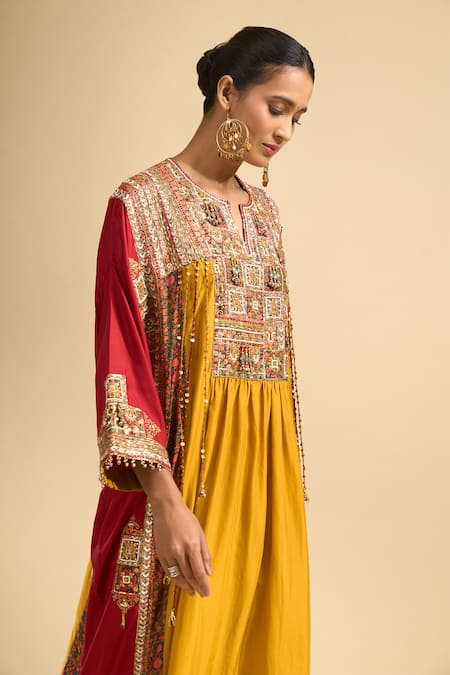 Shop_Debyani + CO_Yellow Silk Embroidery, Sequins, Beads Split V-neck Kurta With Pant _Online_at_Aza_Fashions