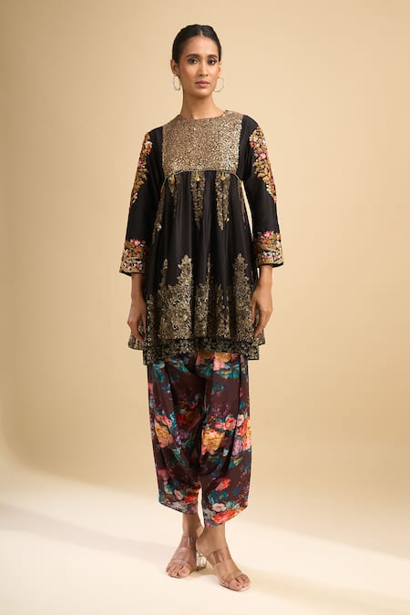 Debyani + CO_Black Silk Sequins, Embroidery Round Neck Kurta With Salwar _Online_at_Aza_Fashions