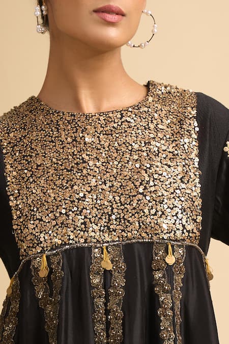 Shop_Debyani + CO_Black Silk Sequins, Embroidery Round Neck Kurta With Salwar _Online_at_Aza_Fashions