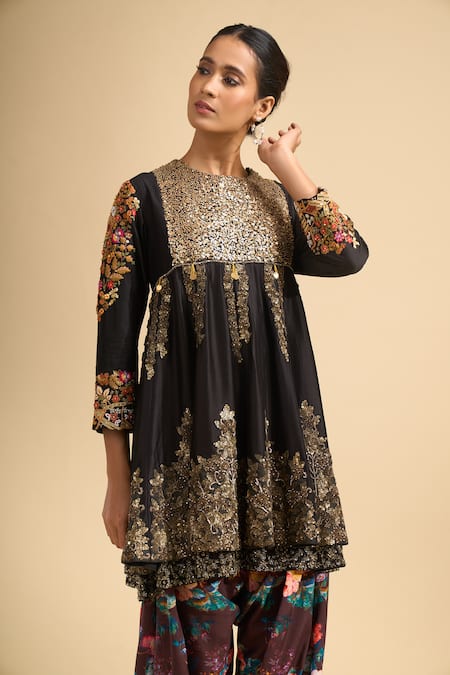 Debyani + CO_Black Silk Sequins, Embroidery Round Neck Kurta With Salwar _at_Aza_Fashions