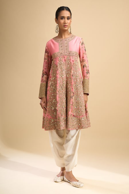 Debyani + CO_Pink Silk Embroidery, Sequins, Stones Round Neck Kurta With Salwar _Online_at_Aza_Fashions