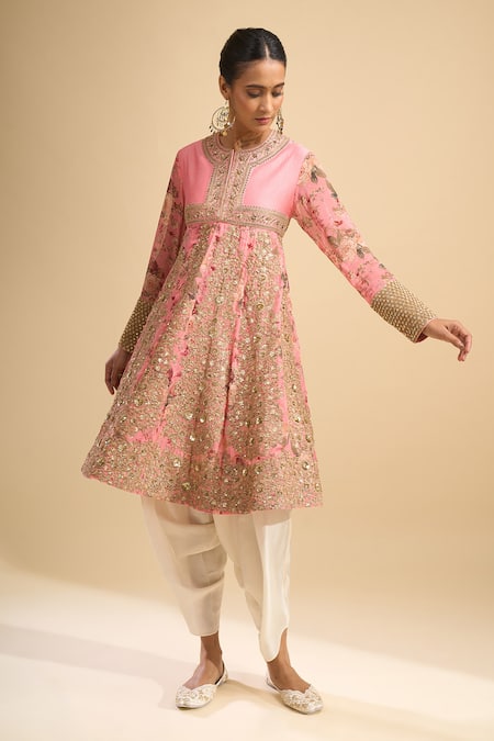 Buy_Debyani + CO_Pink Silk Embroidery, Sequins, Stones Round Neck Kurta With Salwar _Online_at_Aza_Fashions