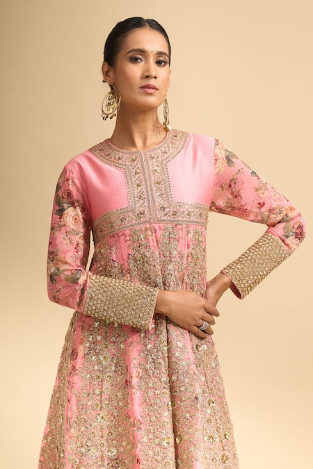 Debyani + CO_Pink Silk Embroidery, Sequins, Stones Round Neck Kurta With Salwar _at_Aza_Fashions