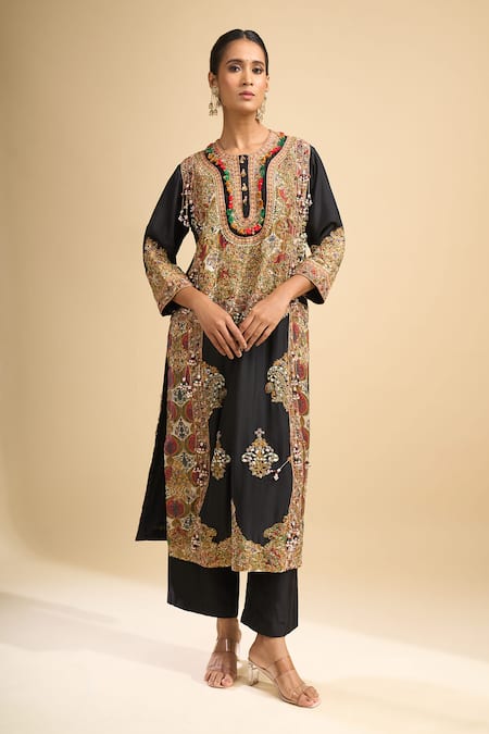 Debyani + CO_Black Silk Embroidery, Beads, Tassels Round Neck Hand Kurta And Pant Set _Online_at_Aza_Fashions