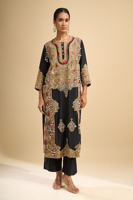 Buy_Debyani + CO_Black Silk Embroidery, Beads, Tassels Round Neck Hand Kurta And Pant Set _Online_at_Aza_Fashions