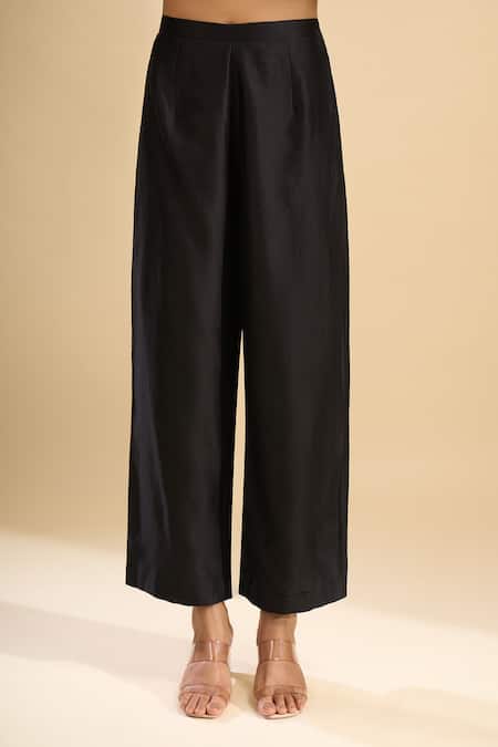 Shop_Debyani + CO_Black Silk Embroidery, Beads, Tassels Round Neck Hand Kurta And Pant Set _Online_at_Aza_Fashions