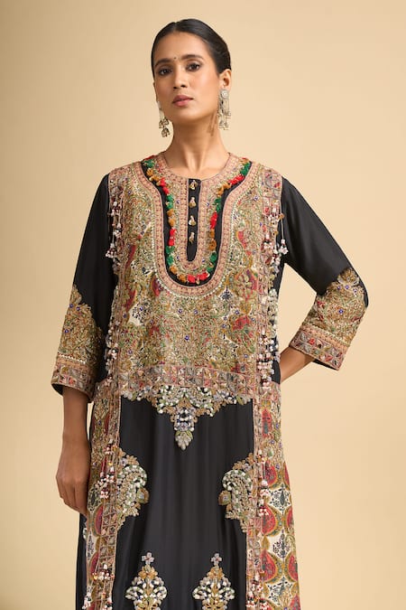 Debyani + CO_Black Silk Embroidery, Beads, Tassels Round Neck Hand Kurta And Pant Set _at_Aza_Fashions