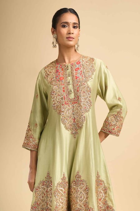 Debyani + CO_Green Silk Embroidery, Sequins, Stones Round Neck Hand Kurta And Dhoti Pant Set _Online_at_Aza_Fashions