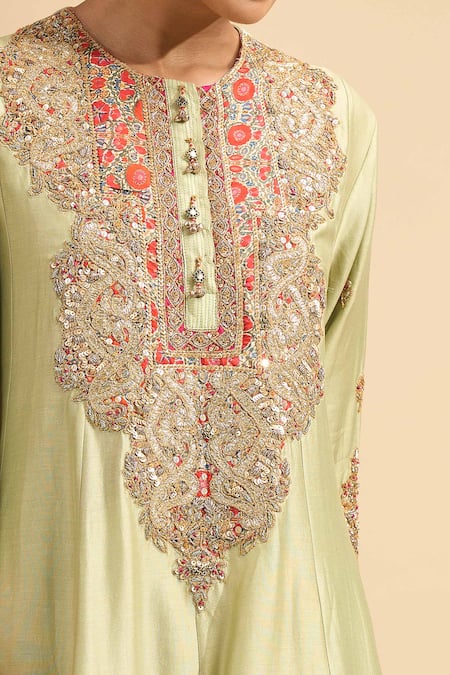 Buy_Debyani + CO_Green Silk Embroidery, Sequins, Stones Round Neck Hand Kurta And Dhoti Pant Set _Online_at_Aza_Fashions
