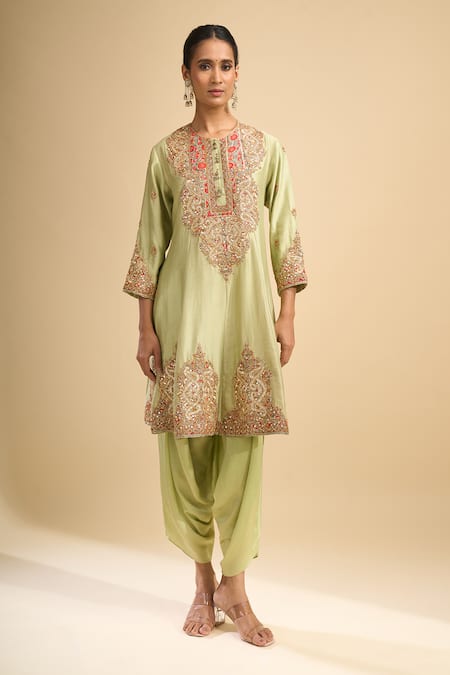 Shop_Debyani + CO_Green Silk Embroidery, Sequins, Stones Round Neck Hand Kurta And Dhoti Pant Set _Online_at_Aza_Fashions