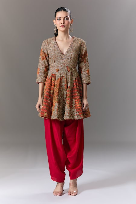 Buy_Debyani + CO_Multi Color Embroidery, Sequins, Zari V-neck Peplum Kurta And Salwar Set _Online_at_Aza_Fashions