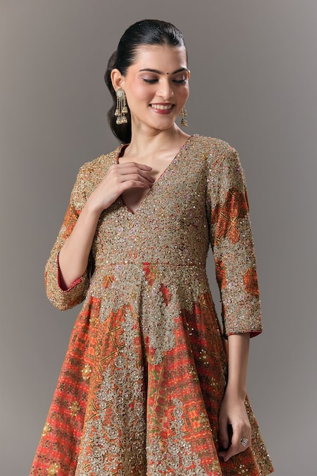 Debyani + CO_Multi Color Embroidery, Sequins, Zari V-neck Peplum Kurta And Salwar Set _at_Aza_Fashions