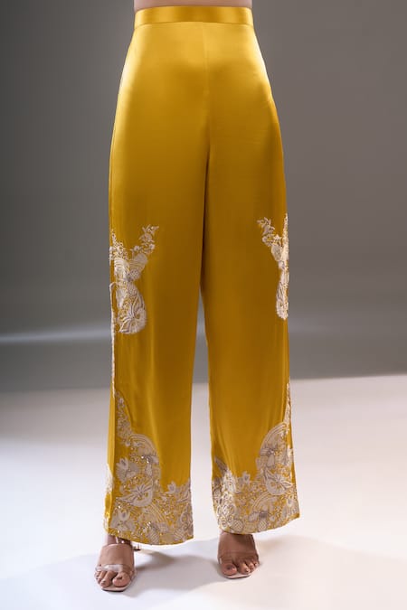 Anamika Khanna_Mustard Embroidery, Sequins Floral Blazer And Pant Set _Online_at_Aza_Fashions