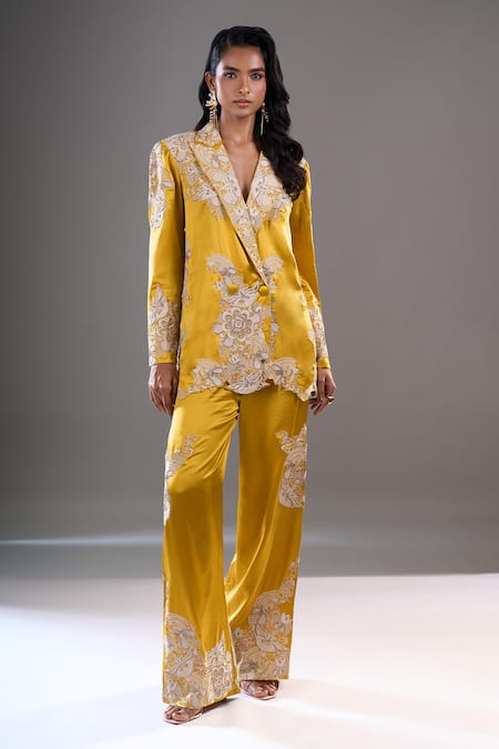 Shop_Anamika Khanna_Mustard Embroidery, Sequins Floral Blazer And Pant Set _Online_at_Aza_Fashions