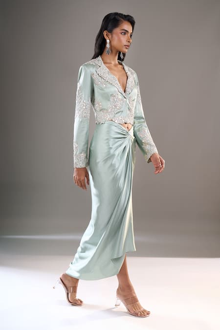 Anamika Khanna_Blue Sequins, Stones, Embroidery V-neck Crop Jacket And Draped Skirt Set _Online_at_Aza_Fashions