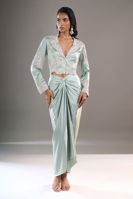 Anamika Khanna Embroidered Crop Jacket & Draped Skirt Set