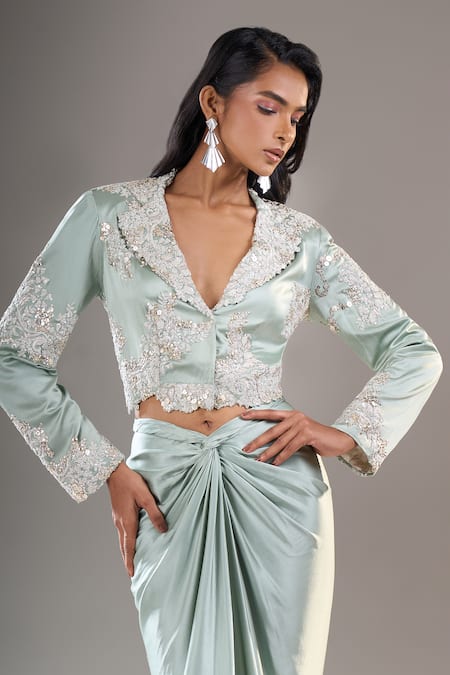 Anamika Khanna_Blue Sequins, Stones, Embroidery V-neck Crop Jacket And Draped Skirt Set _at_Aza_Fashions