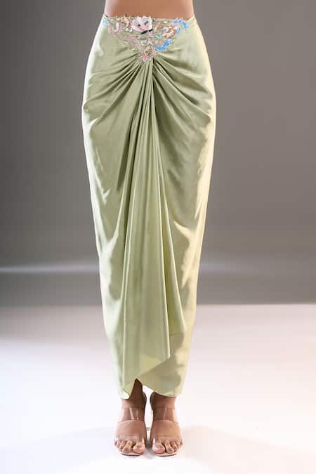 Anamika Khanna_Green Embroidery Open , Square Cape And Draped Skirt Set _at_Aza_Fashions